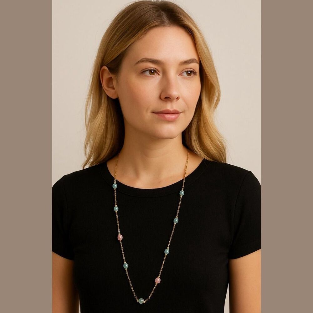 Women's Unbranded One Size Gold Chain Necklace with Light Blue & Pink Beads